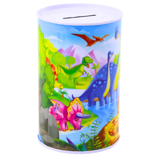 Skarbonka z dinozaurami metalowa kolorowa 13 x 8cm