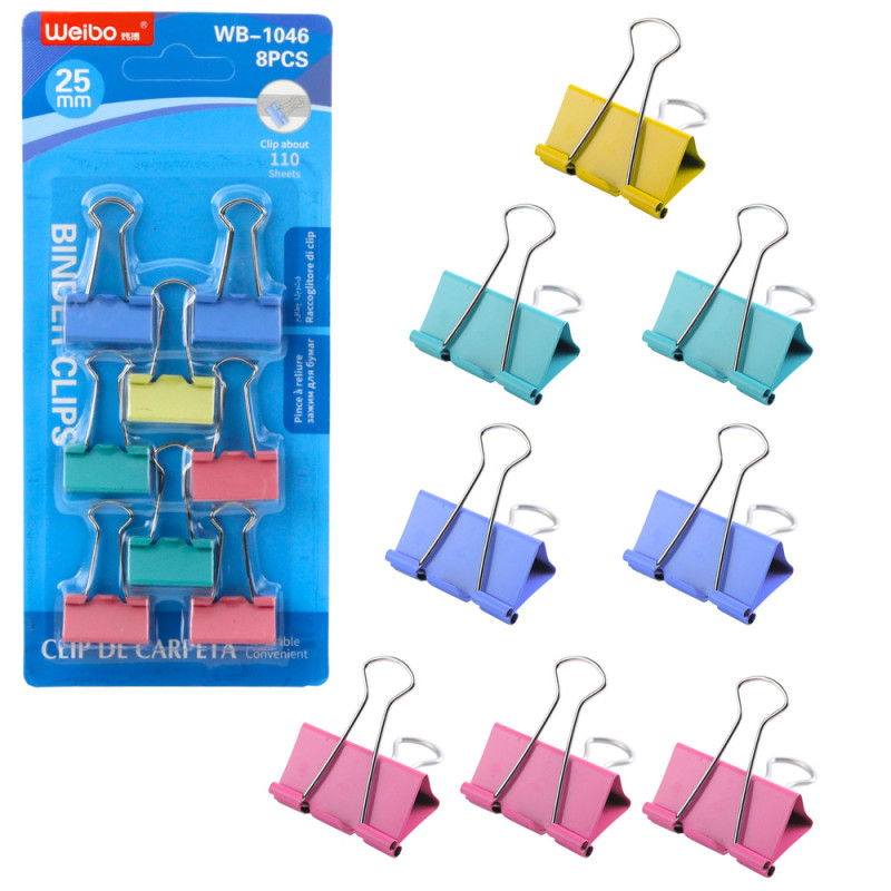 Zestaw klipsów spinaczy biurowych do papieru kolorowe 8szt 25mm