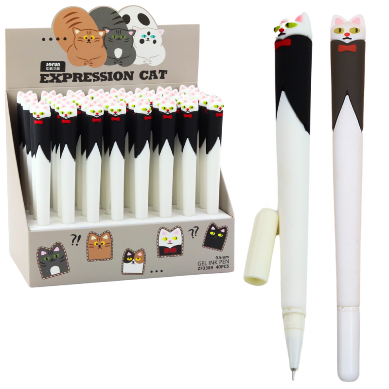 Długopis żelowy kot z muchą niebieski tusz zatyczka czarno biały 16,5cm