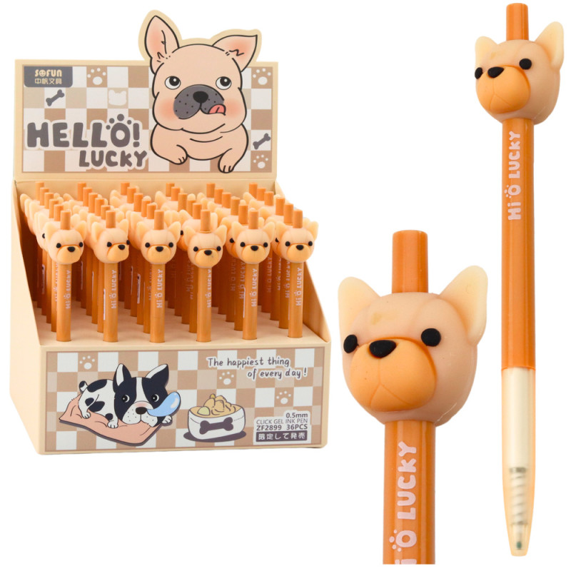 Długopis żelowy z pieskiem mops niebieski tusz beżowy 0,5mm Długopis żelowy z pieskiem mops niebieski tusz beżowy 0,5mm