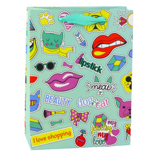 Torba prezentowa naklejki kolorowe znaczki  23 x 18 x 10,5 cm