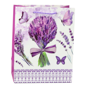 Torba prezentowa papierowa lawenda brokatowe elementy 23 x 18 x 10,5 cm