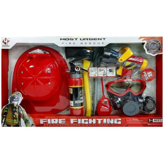 Zestaw strażacki kask gaśnica toporek maska łom akcesoria czerwony