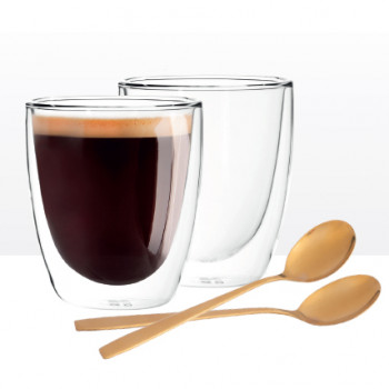 Szklanki termiczne do kawy i napojów Andrea 300 ml i złote łyżeczki, 2 szt.