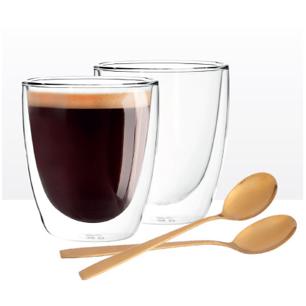 Szklanki termiczne do kawy i napojów Andrea 300 ml i złote łyżeczki, 2 szt.