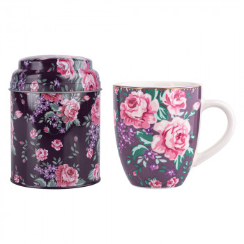 CHARLOTTA ZESTAW PREZENTOWY KUBEK PORCELANOWY 300ML FIOLETOWY Z PUSZKĄ 9 X 11,5CM