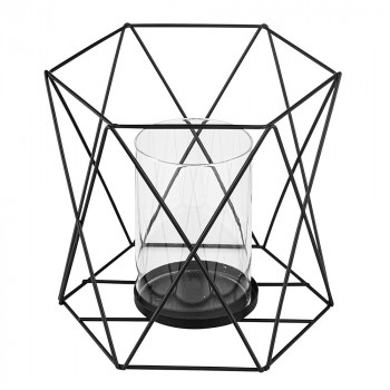 Świecznik metalowy geometryczny czarny 16,5 cm z wkładem szklanym