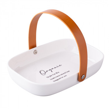 ORGANIC NACZYNIE PORCELANOWE OWALNE ZE SKÓRZANĄ RĄCZKĄ 20X14X4 CM