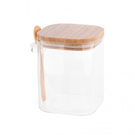Pojemnik kwadratowy borosilikat 800ml z bambusową pokrywką i łyżeczką EAN: 5904252332085