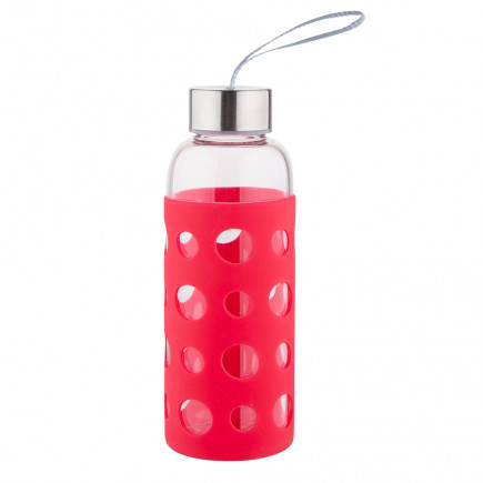 BUTELKA SZKLANA W SILIKONOWEJ OSŁONIE 425ML CZERWONA